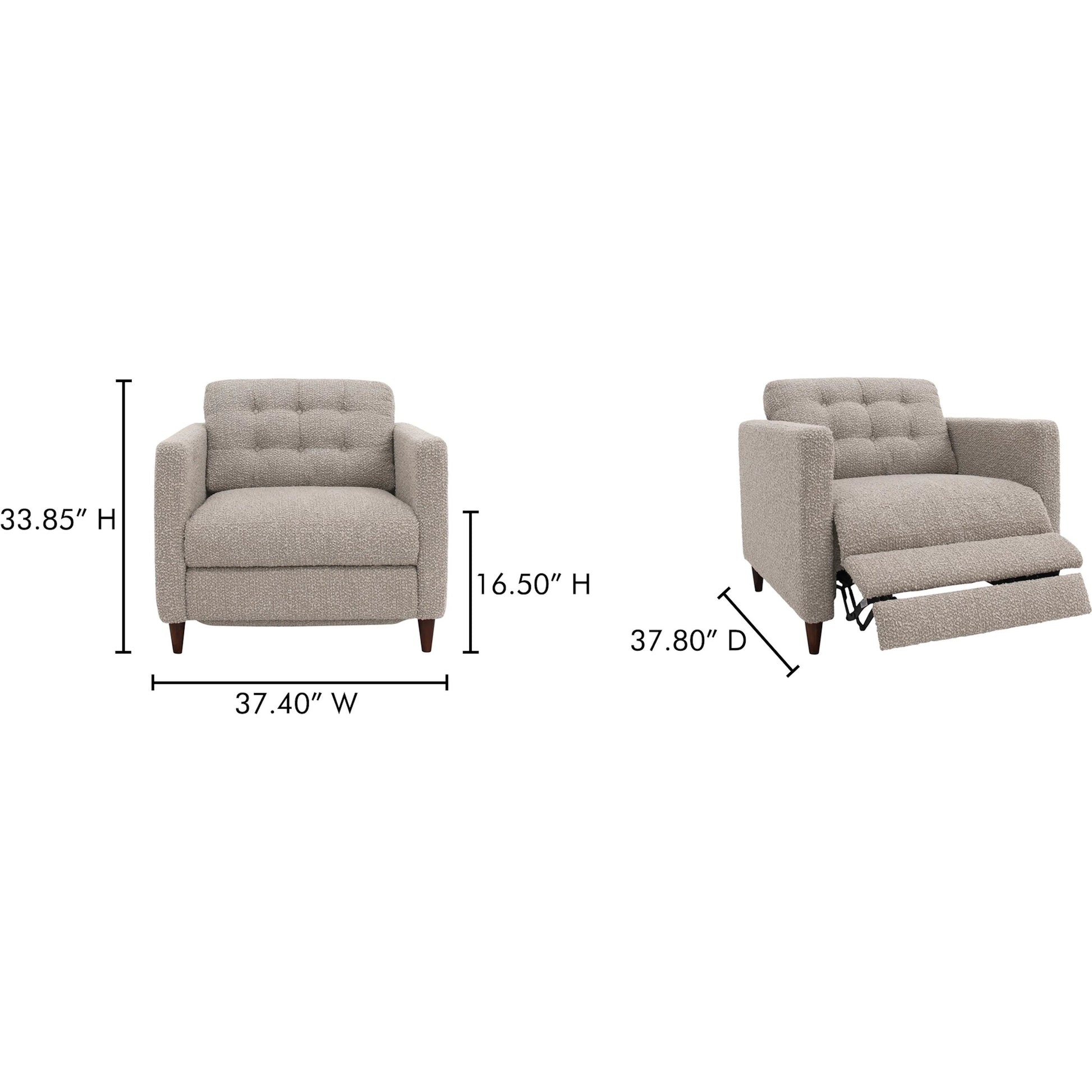 Bridgers Power Recliner Chair by Moe's Home Collection in tan leather. Made from upholstery: 100% top grain leather, high density foam, feather fill, solid red meranti wood frame, webbing seat, recliner: metal, okin motor