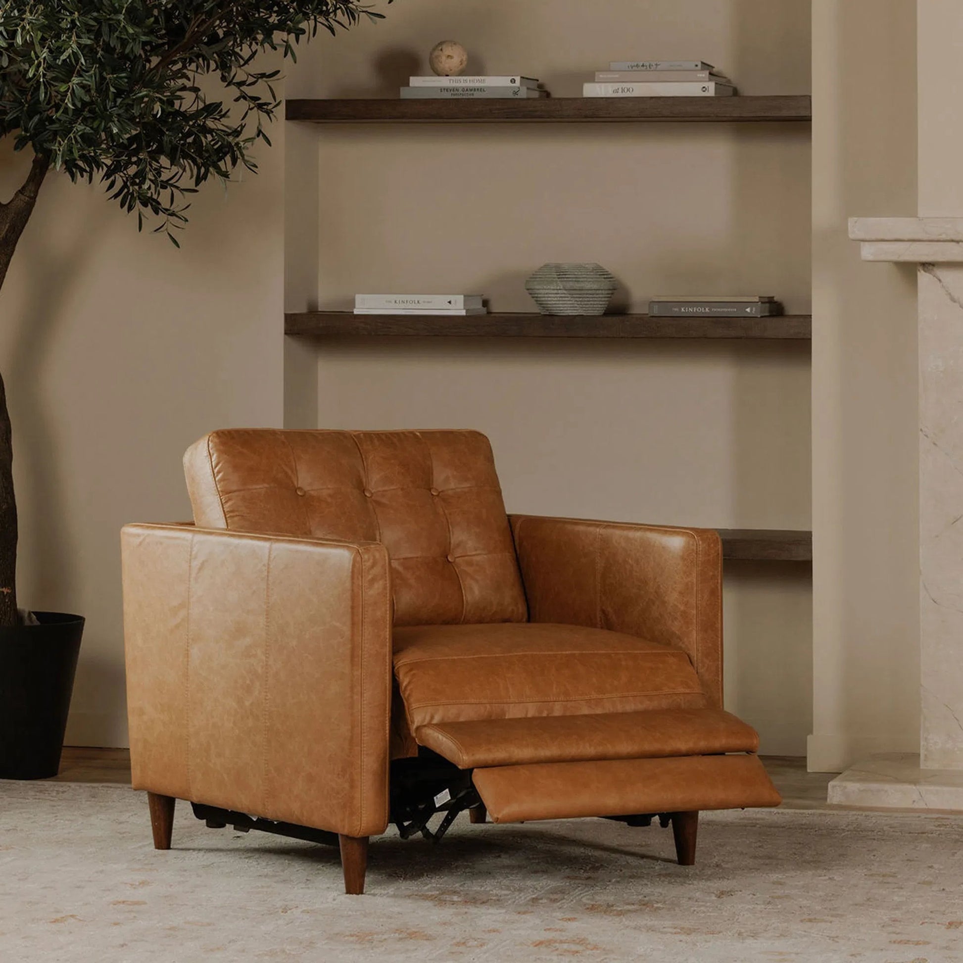 Bridgers Power Recliner Chair by Moe's Home Collection in tan leather. Made from upholstery: 100% top grain leather, high density foam, feather fill, solid red meranti wood frame, webbing seat, recliner: metal, okin motor in a 