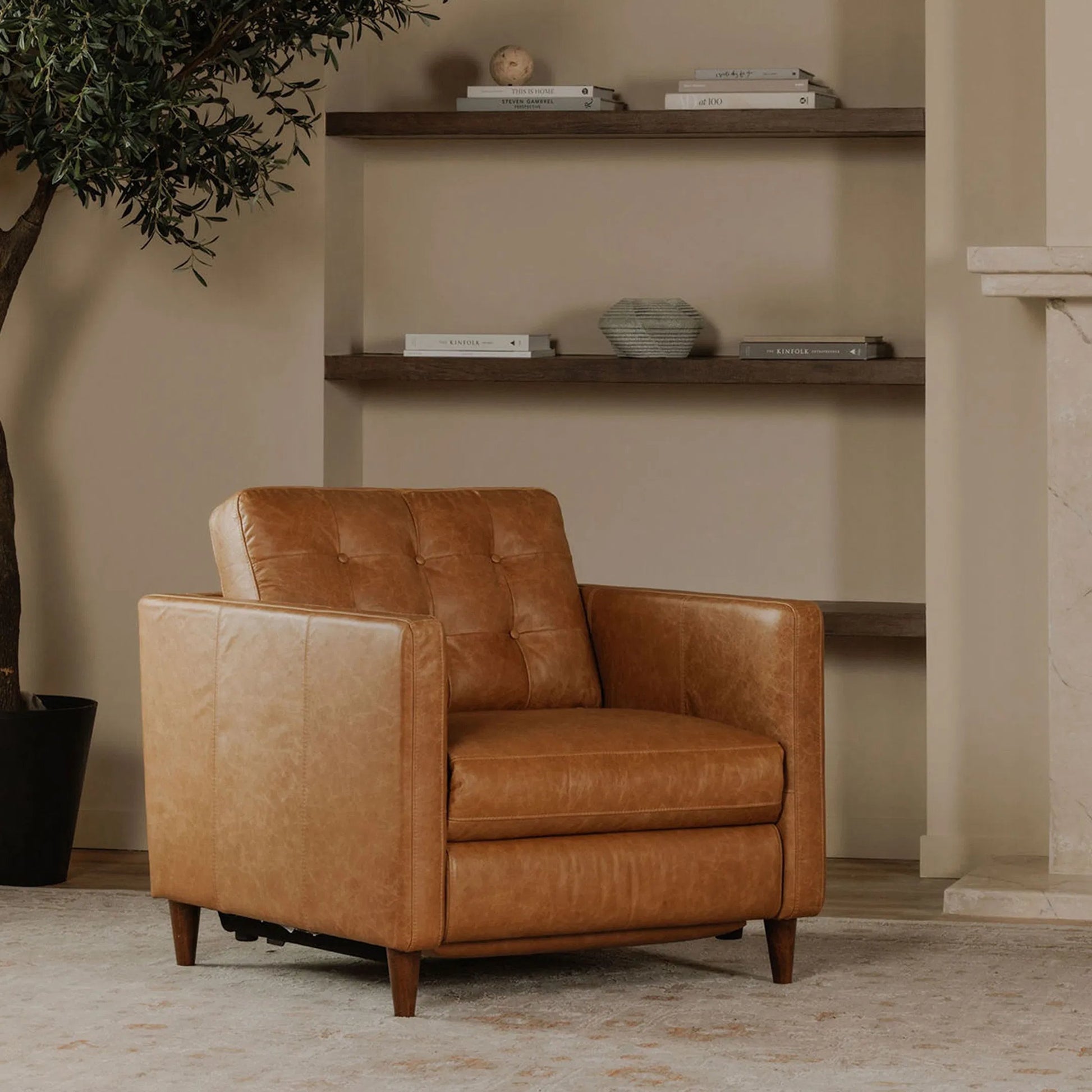 Bridgers Power Recliner Chair by Moe's Home Collection in tan leather. Made from upholstery: 100% top grain leather, high density foam, feather fill, solid red meranti wood frame, webbing seat, recliner: metal, okin motor in a traditio