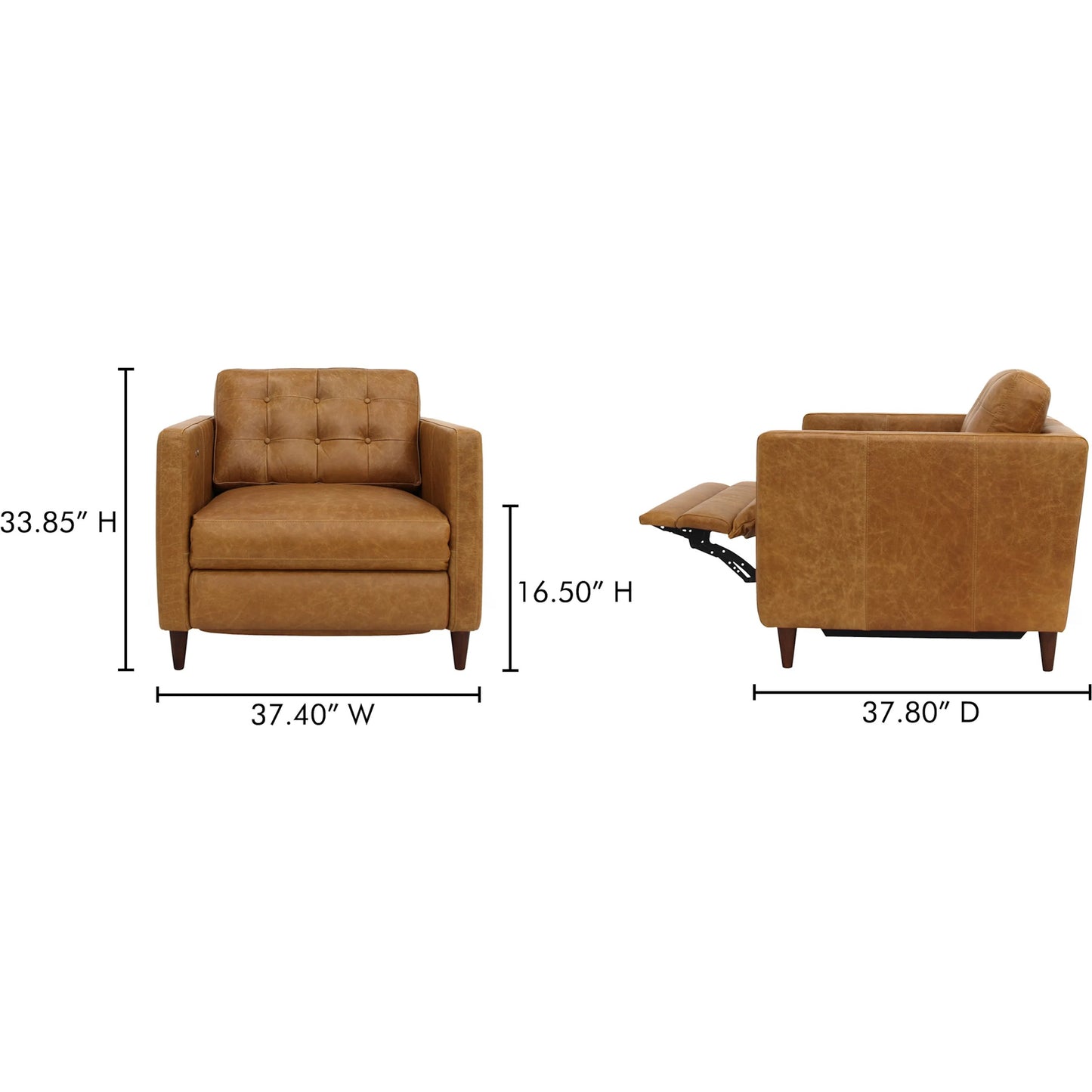 006 SI-2367919 | Additional Silo | Bridgers Power Recliner Chair by Moe's Home Collection in tan leather. Made from upholstery: 100% top grain leather, high density foam, feather fill, solid red meranti wood frame, webbing seat, recliner: metal, okin motor