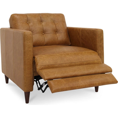 Bridgers Power Recliner Chair by Moe's Home Collection in tan leather. Made from upholstery: 100% top grain leather, high density foam, feather fill, solid red meranti wood frame, webbing seat, recliner: metal, okin motor