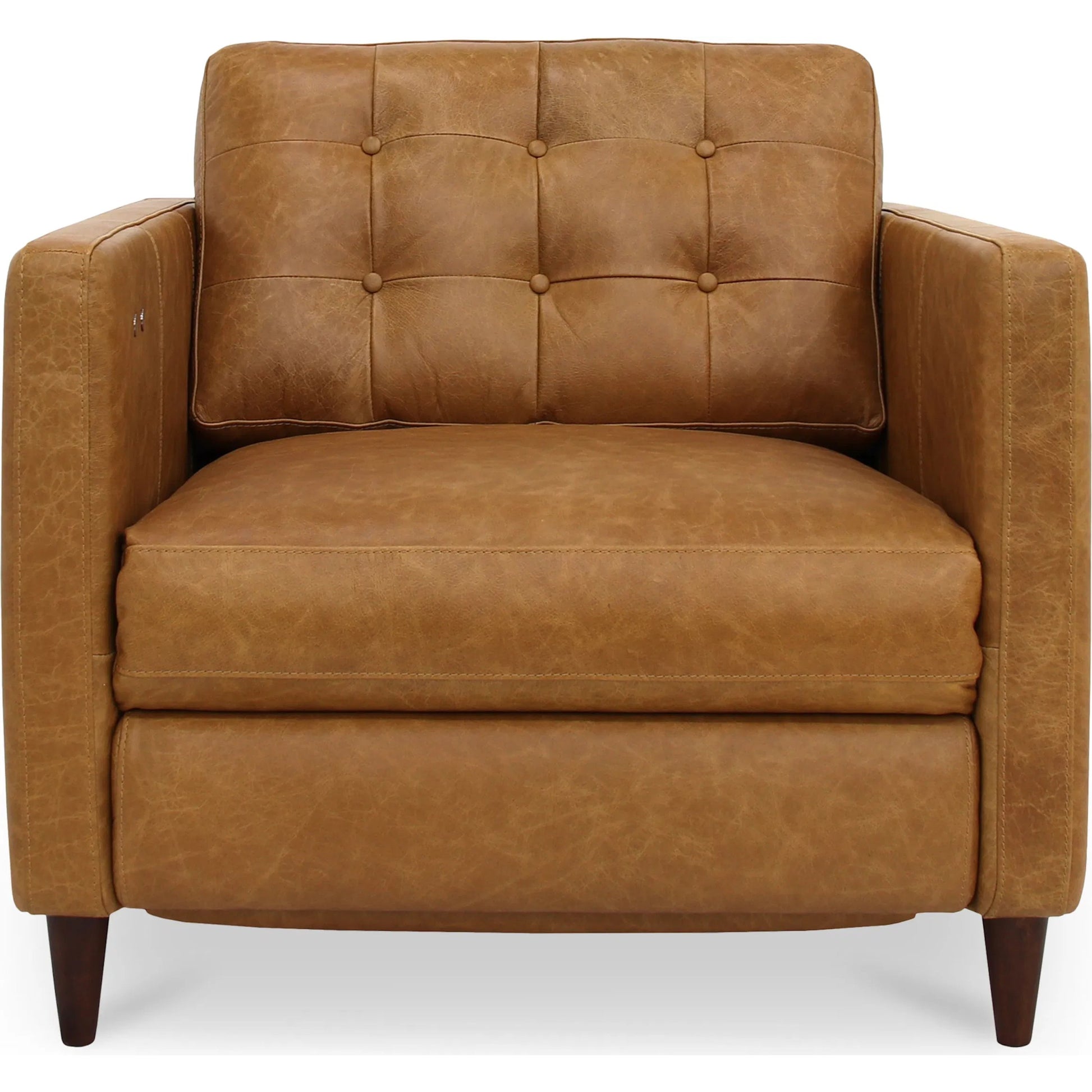 Bridgers Power Recliner Chair by Moe's Home Collection in tan leather. Made from upholstery: 100% top grain leather, high density foam, feather fill, solid red meranti wood frame, webbing seat, recliner: metal, okin motor in