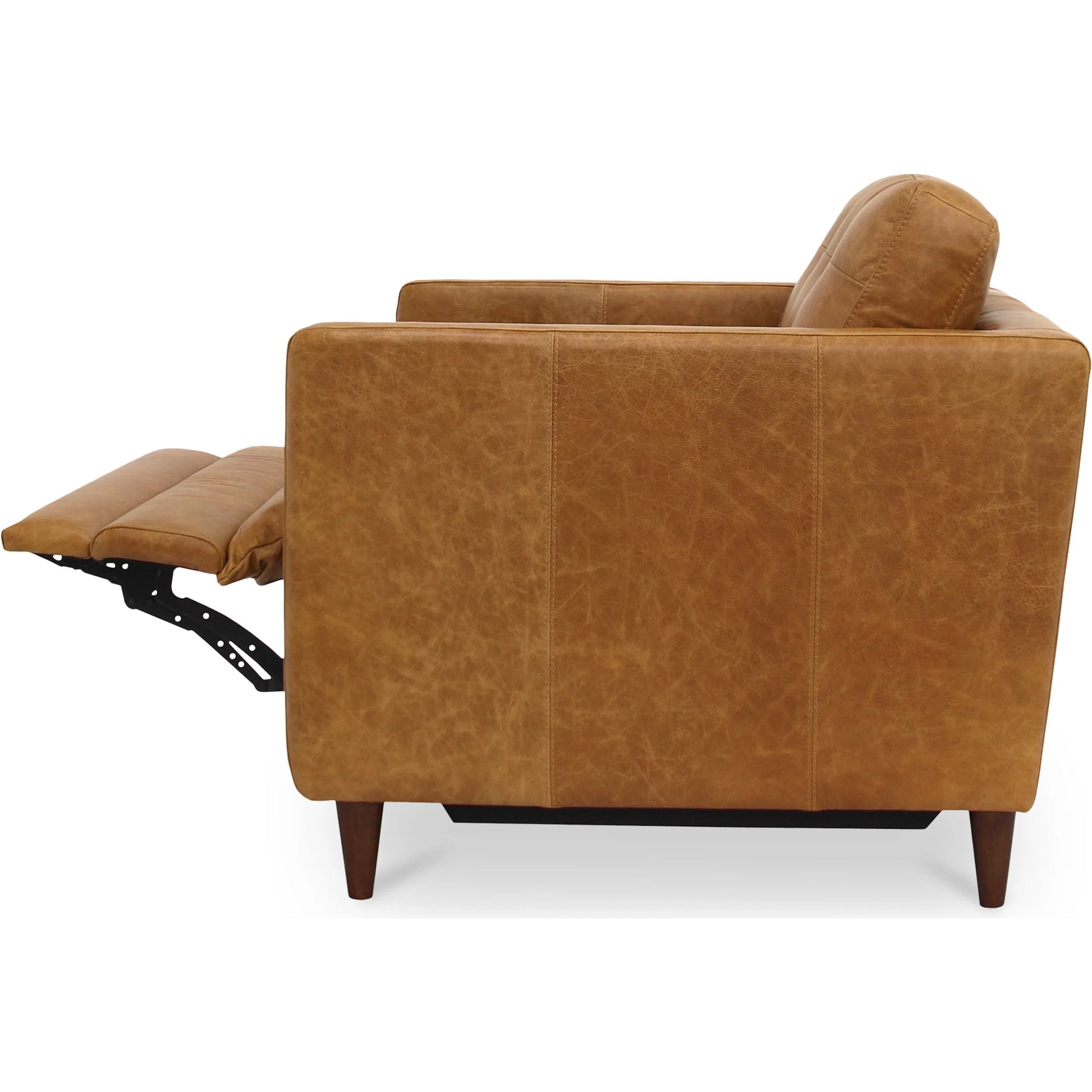 Bridgers Power Recliner Chair by Moe's Home Collection in tan leather. Made from upholstery: 100% top grain leather, high density foam, feather fill, solid red meranti wood frame, webbing seat, recliner: metal, okin motor