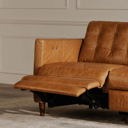 Bridgers Power Recliner Sofa by Moe's Home Collection in tan leather. Made from upholstery: 100% top grain leather, high density foam, feather fill, solid red meranti wood frame, webbing seat, recliner: metal, okin motor in a t