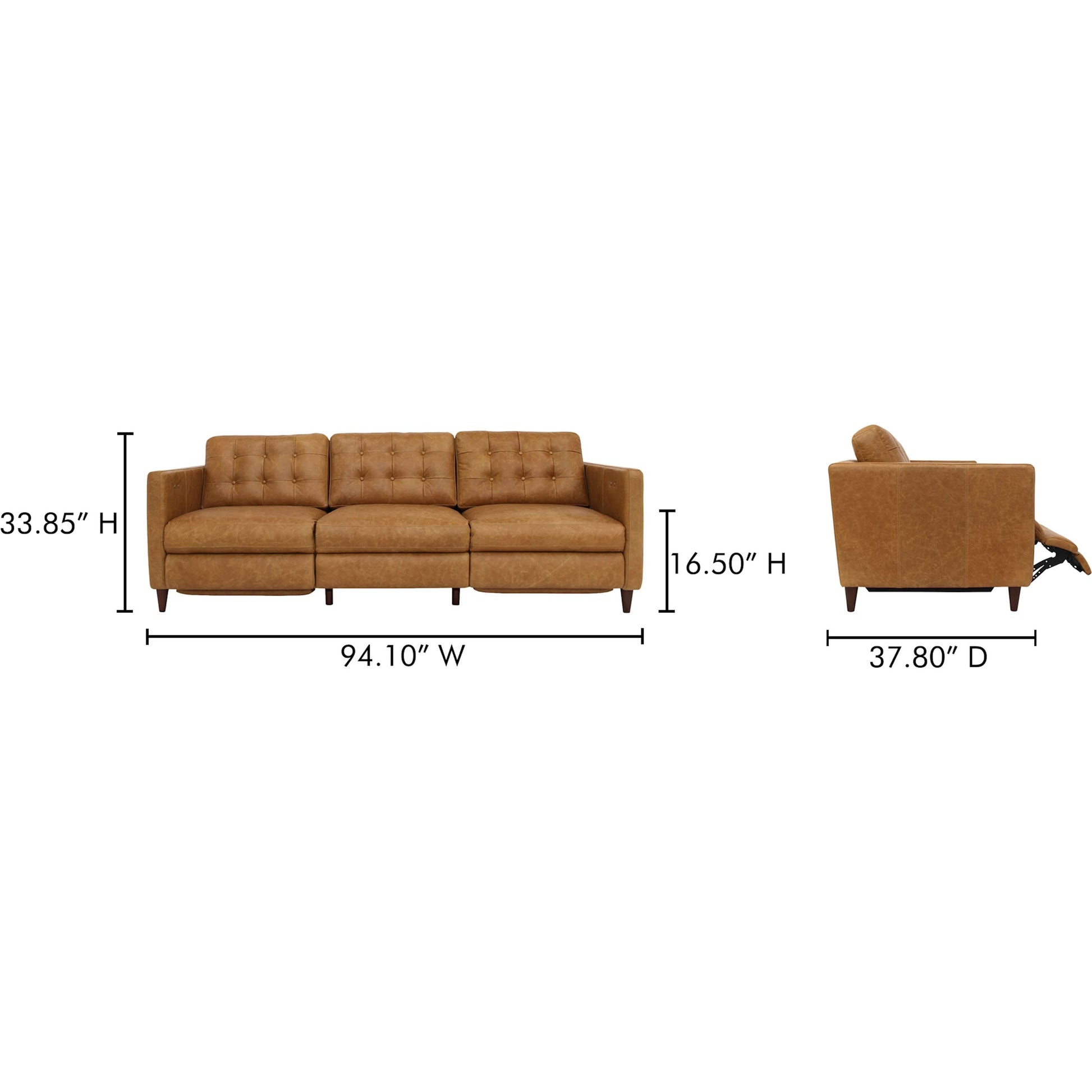 Bridgers Power Recliner Sofa by Moe's Home Collection in tan leather. Made from upholstery: 100% top grain leather, high density foam, feather fill, solid red meranti wood frame, webbing seat, recliner: metal, okin motor 