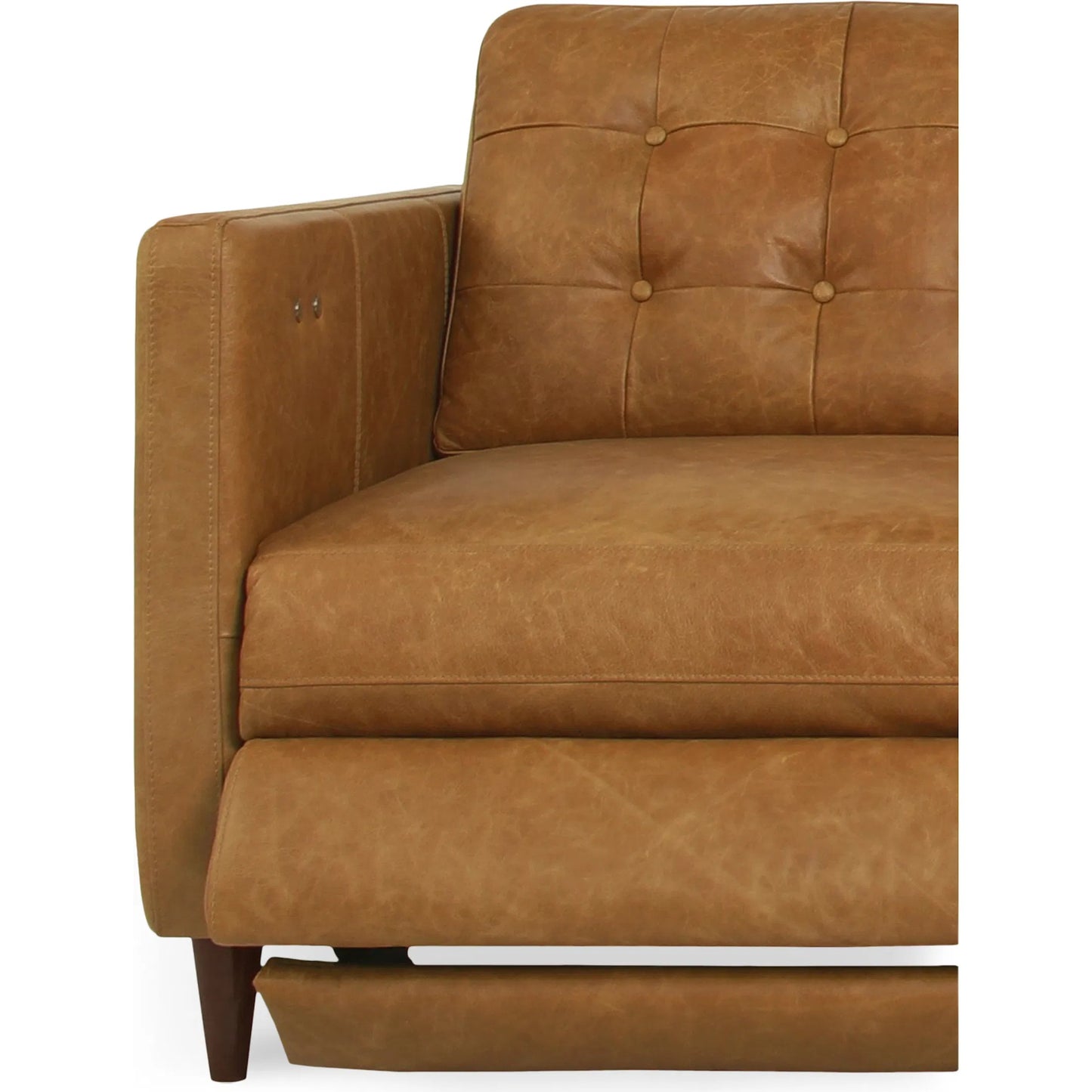 005 SI-2367921 | Closeup | Bridgers Power Recliner Sofa by Moe's Home Collection in tan leather. Made from upholstery: 100% top grain leather, high density foam, feather fill, solid red meranti wood frame, webbing seat, recliner: metal, okin motor in a tra
