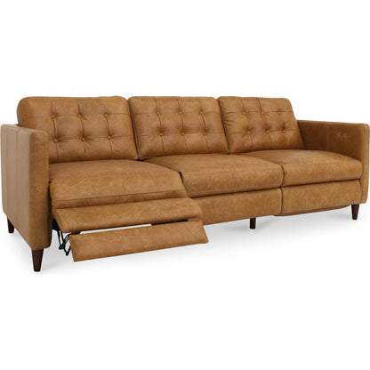 Bridgers Power Recliner Sofa by Moe's Home Collection in tan leather. Made from upholstery: 100% top grain leather, high density foam, feather fill, solid red meranti wood frame, webbing seat, recliner: metal, okin motor 