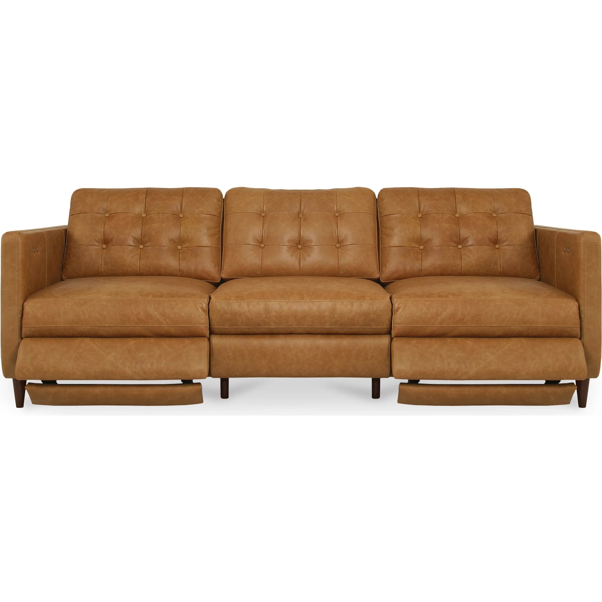 Bridgers Power Recliner Sofa by Moe's Home Collection in tan leather. Made from upholstery: 100% top grain leather, high density foam, feather fill, solid red meranti wood frame, webbing seat, recliner: metal, okin motor 