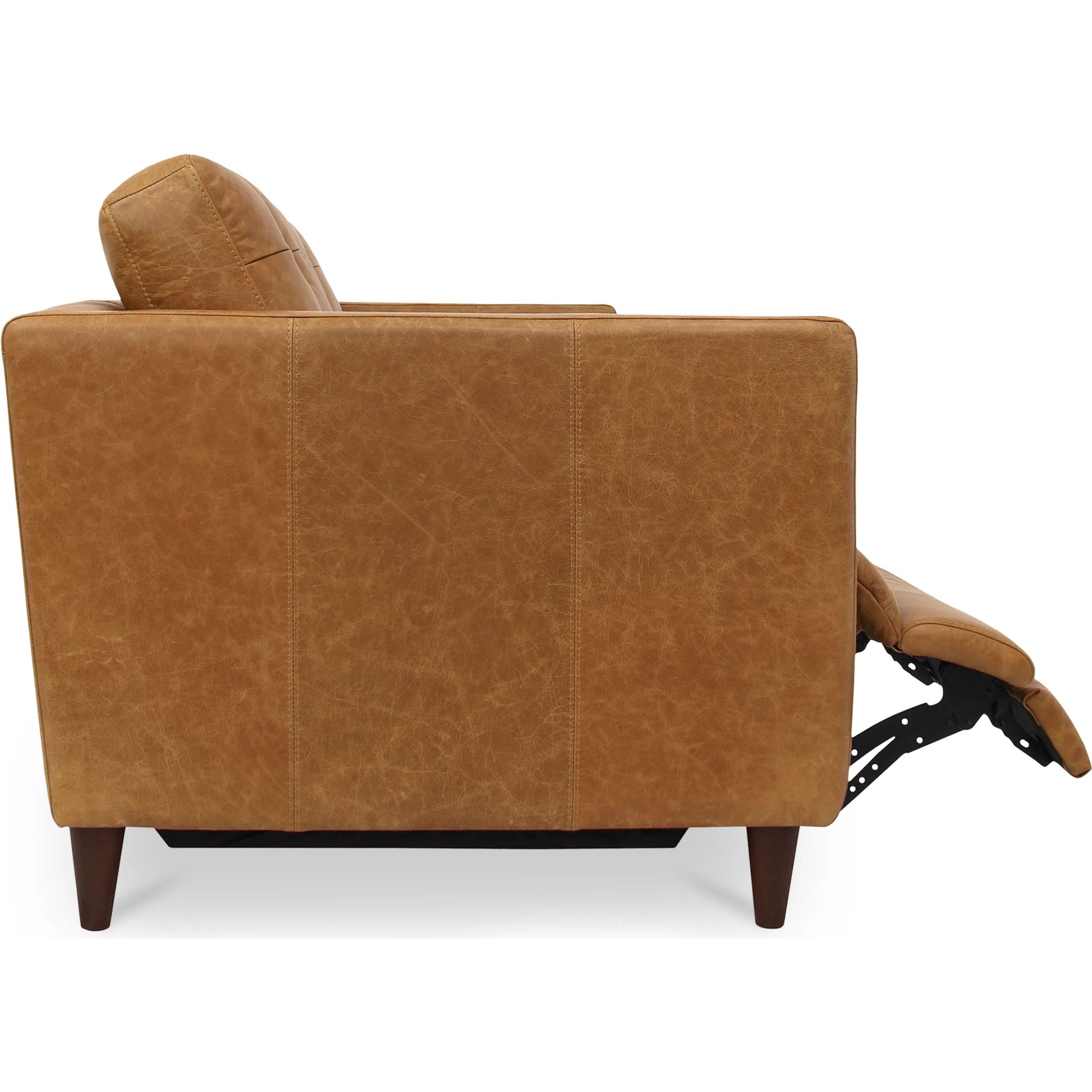 Bridgers Power Recliner Sofa by Moe's Home Collection in tan leather. Made from upholstery: 100% top grain leather, high density foam, feather fill, solid red meranti wood frame, webbing seat, recliner: metal, okin motor 