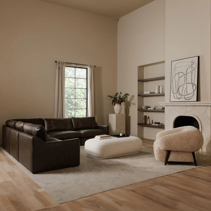 Thurlow Corner Chair by Moe's Home Collection in espresso. Made from upholstery: 100% top grain leather, high density foam, feather fill, solid red meranti wood frame, webbing seat in a unique style.