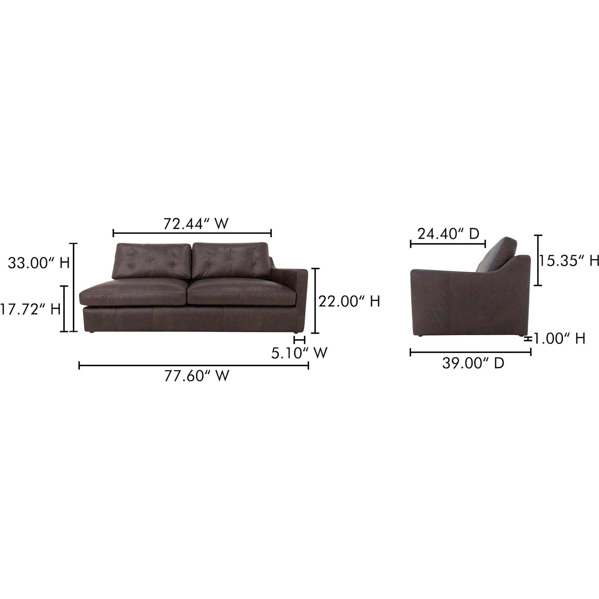 Thurlow Arm Facing Sofa by Moe's Home Collection in espresso. Made from upholstery: 100% top grain leather, high density foam, feather fill, solid red meranti wood frame, webbing seat in a unique style.