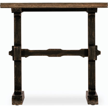 Americana Trestle End Table by Hooker Furniture in black and molasses finish. Made from oak veneers with solid-wood edge top in a modern style.