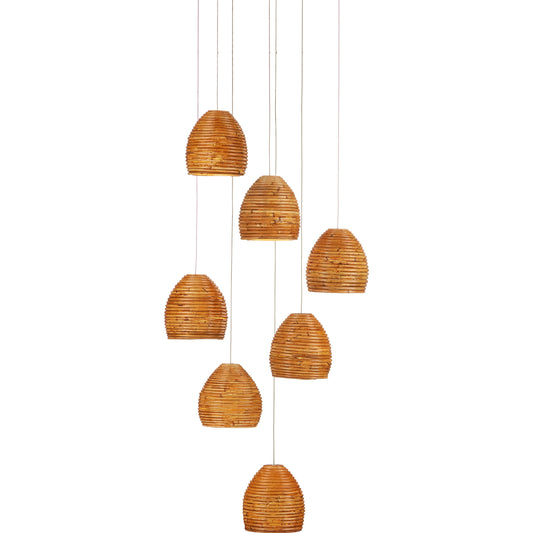 Beehive Round 7-LIGHT Multi-Drop Pendant by Currey and Company in natural rattan, silver. Made from rattan, wood in a modern style.