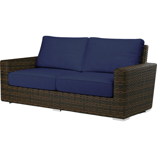 Montecito Outdoor Loveseat by Sunset West in cognac. Made from resin wicker in a modern style.