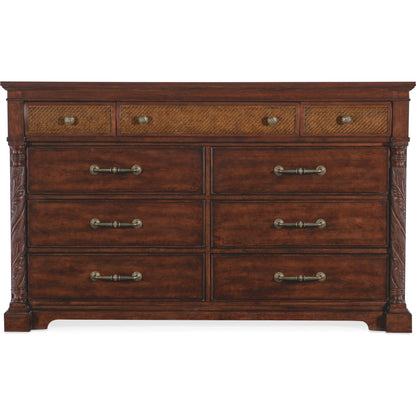 Charleston Nine-Drawer Dresser by Hooker Furniture in maraschino cherry. Made from cherry veneers, cane, felt, resin in a traditional style.