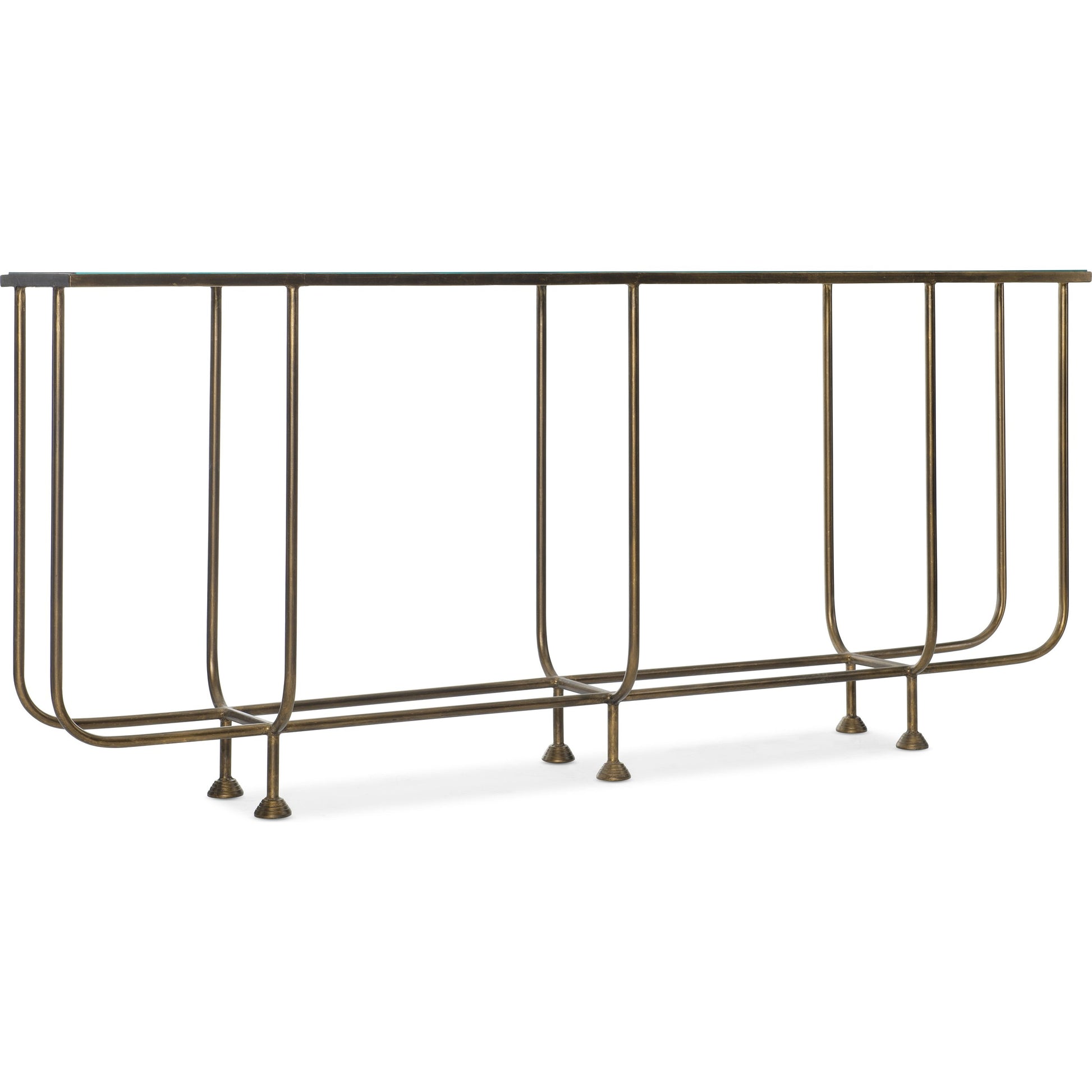 Commerce & Market Kiara Sofa Console by Hooker Furniture in gold. Made from iron, tempered glass in a transitional style.