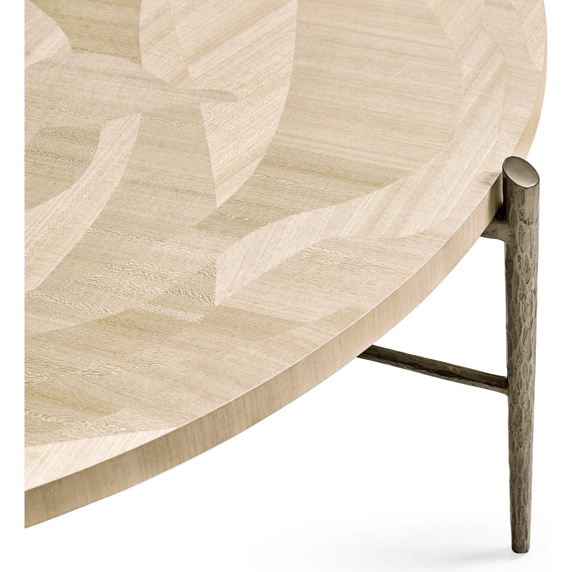 Tidepool Round Cocktail Table by Jonathan Charles in beige and natural dyed koto. Made from koto veneer, stainless steel in a transitional style.