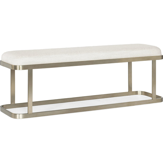 Linville Falls River Branch Upholstered Bench by Hooker Furniture in beige and merino pearl, champagne. Made from metal, fabric in a modern style.