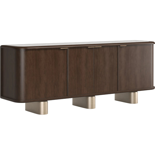 Verge Credenza by A.R.T. Furniture in handcrated walnut. Made from poplar, parawood solids, walnut veneer in a unique style.