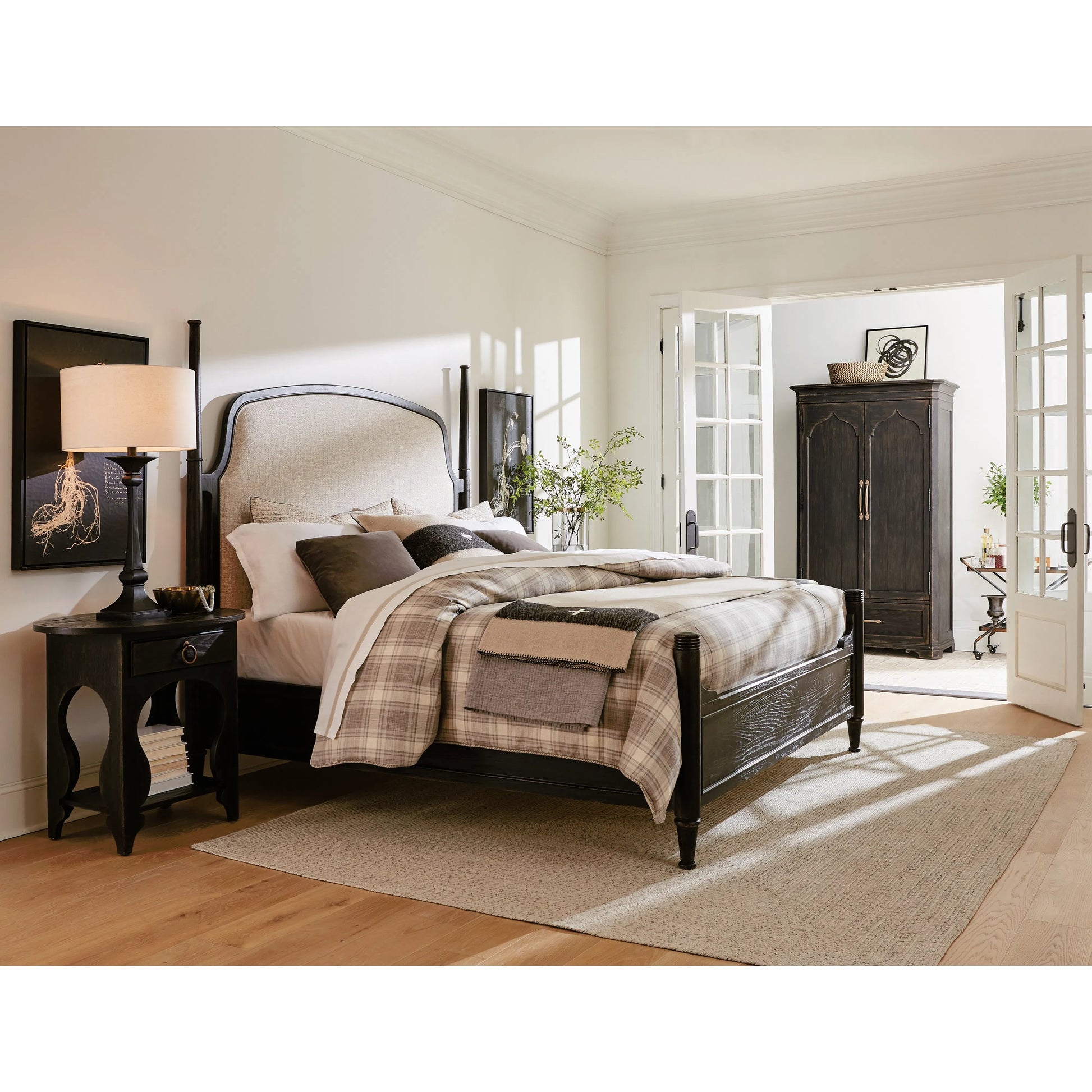Americana Wardrobe by Hooker Furniture in black and molasses finish. Made from oak veneers in a cottage & farmhouse style.