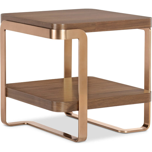 Eleana End Table by Hooker Furniture in light caramel, sunlit bronze metal. Made from walnut veneers, metal in a modern style.