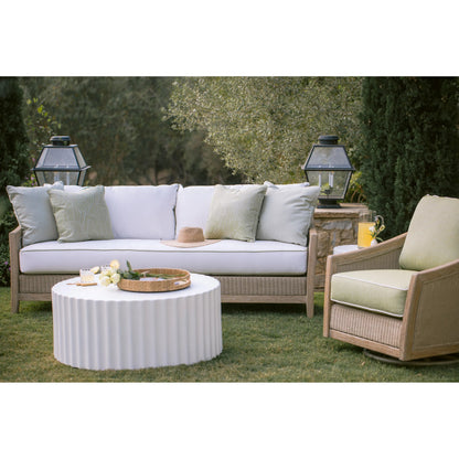 Cambria Outdoor Sofa by Sunset West in light wood. Made from teak in a rustic style.