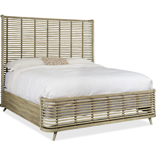 Surfrider Rattan Bed by Hooker Furniture in driftwood. Made from pecan veneers, rope in a coastal style.