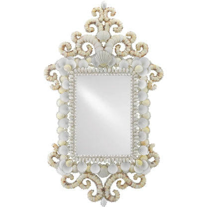 Cecilia Mirror by Currey and Company in white, natural, mirror. Made from shells, wood, mirror in a coastal style.