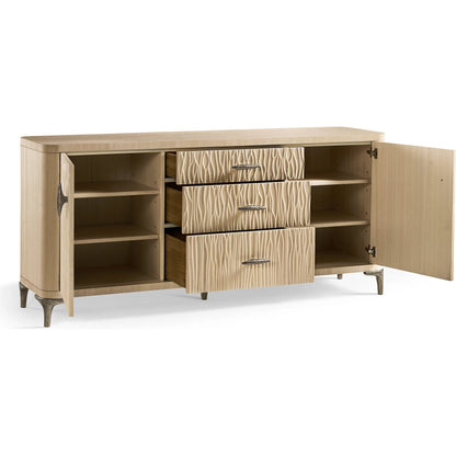 Water Breaker Mixed Media Credenza by Jonathan Charles in beige and ash blonde. Made from dyed koto veneer, bone, leather, metal in a transitional style.