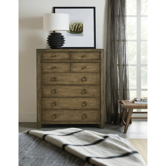 Sundance Six Drawer Chest by Hooker Furniture in cliffside. Made from pecan veneers, cedar, felt panel, self-closing undermount drawer guides, solid-wood edge top in a traditional style.