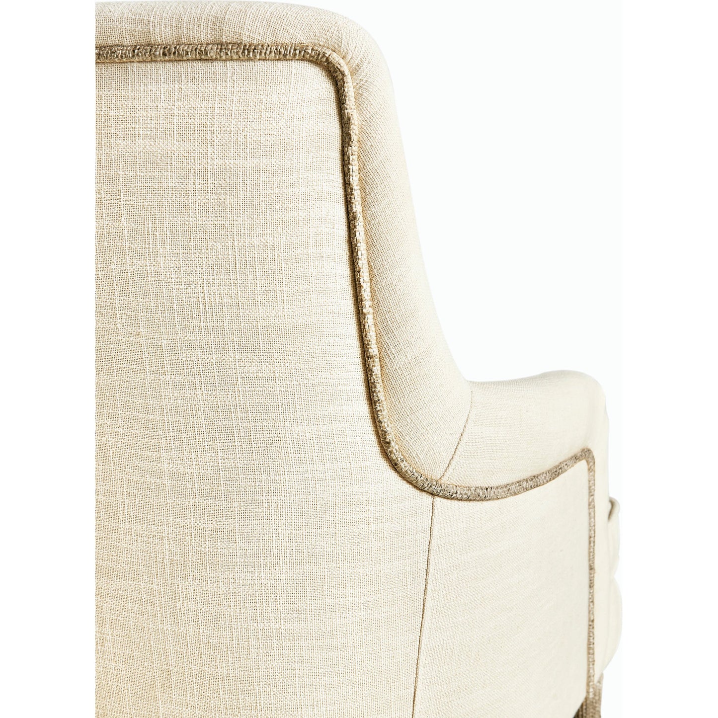 003 SI-2186256 | Closeup | Water Shoal Linen & Grasscloth Host Chair by Jonathan Charles in grasscloth, performance linen. Made from hardwood solids, foam, fabric, grass cloth, brass in a transitional style.