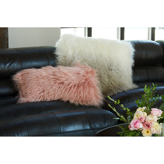 Lamb Fur Lumbar Pillow by Moe's Home Collection in pink. Made from 100% wool front, 100% polyester back, 100% polyester filling in a modern style.