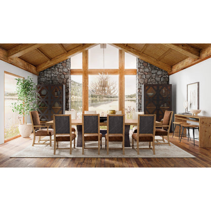 Big Sky Trestle Dining Table by Hooker Furniture in vintage natural, charred timber. Made from pecky hickory veneers, solid-wood edged top in a modern style.