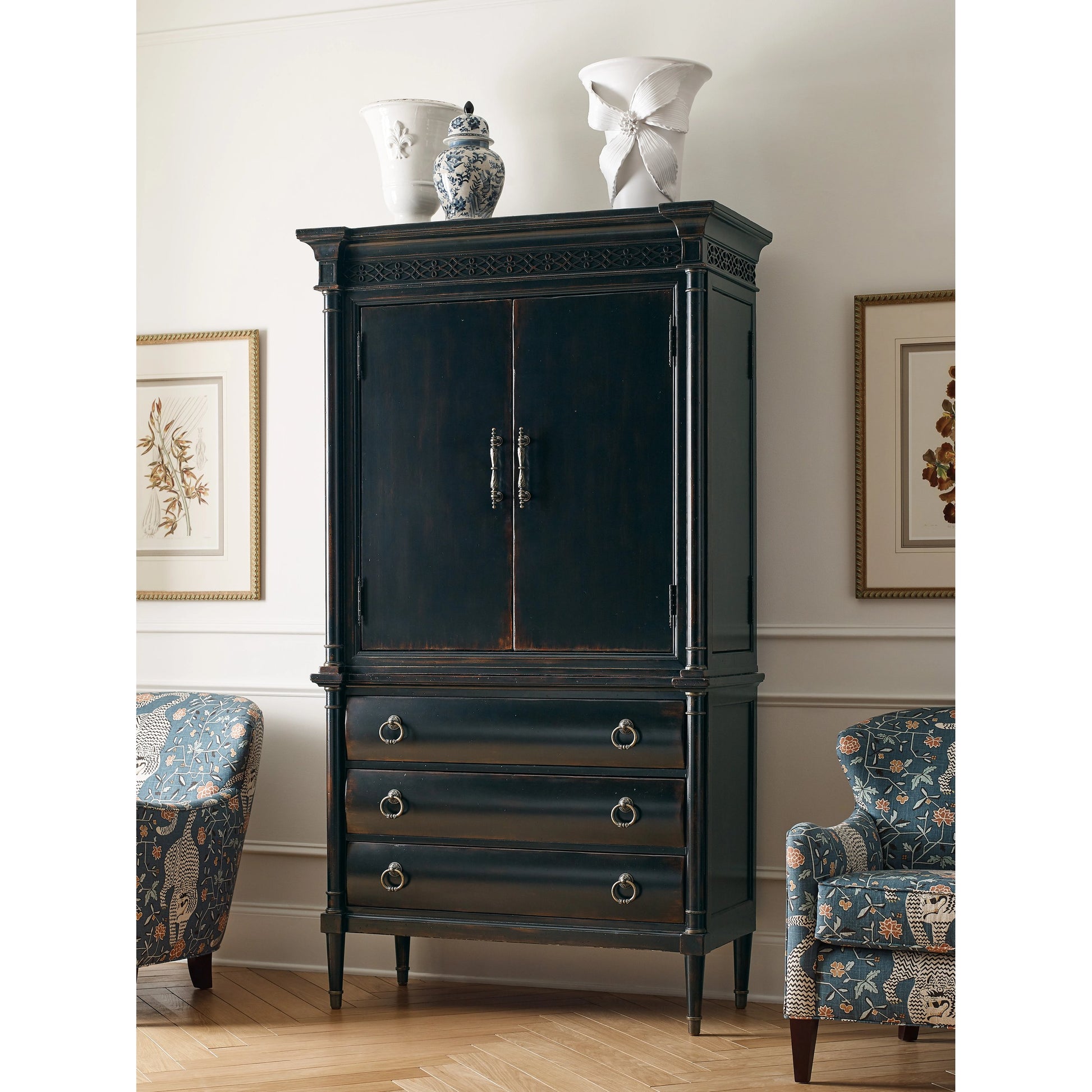 Charleston Jewelry Armoire by Hooker Furniture in black cherry. Made from cherry veneers, cedar, metal in a traditional style.