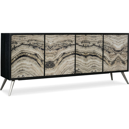 Melange Rockee Four Door Credenza by Hooker Furniture in black. Made from oak veneers with glass, stainless steel in a modern style.