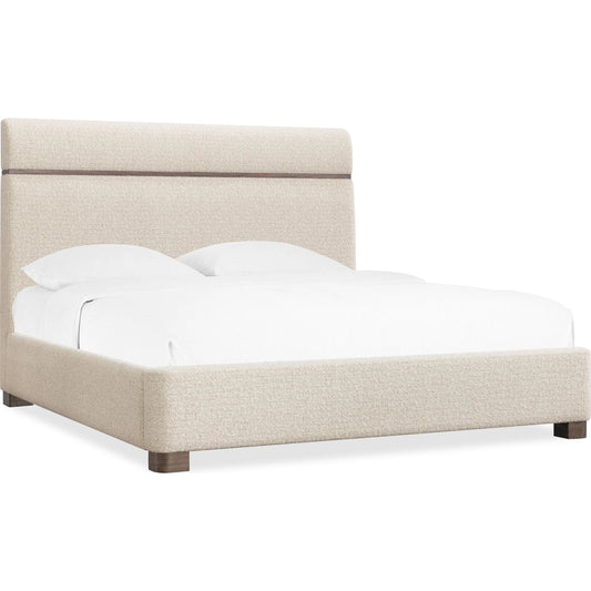 Eleana Upholstered Panel Bed by Hooker Furniture in beige and light caramel, quartered walnut veneers, sunlit bronze metal. Made from walnut veneers, fabric in a transitional style.