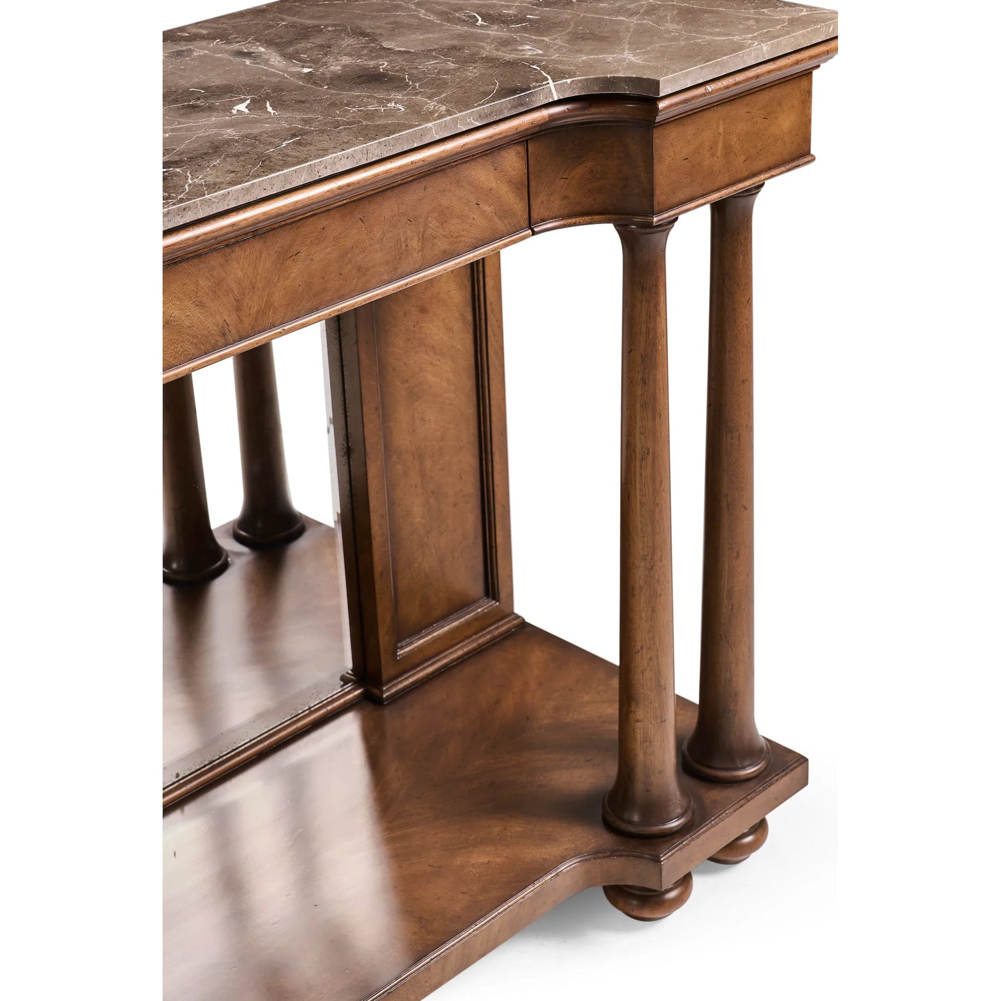 Hattie Mirrored Console Table by Jonathan Charles in medium crotch walnut. Made from main cerejeira veneer in a unique style.