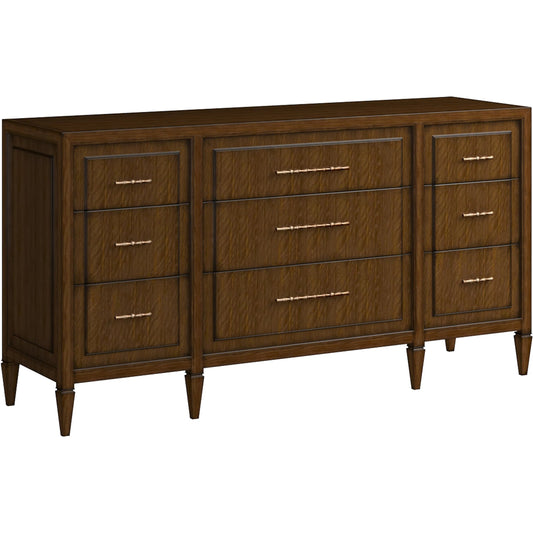 Eave 9 Drawer Dresser by A.R.T. Furniture in hazelnut. Made from poplar, parawood solids, walnut veneer in a unique style.