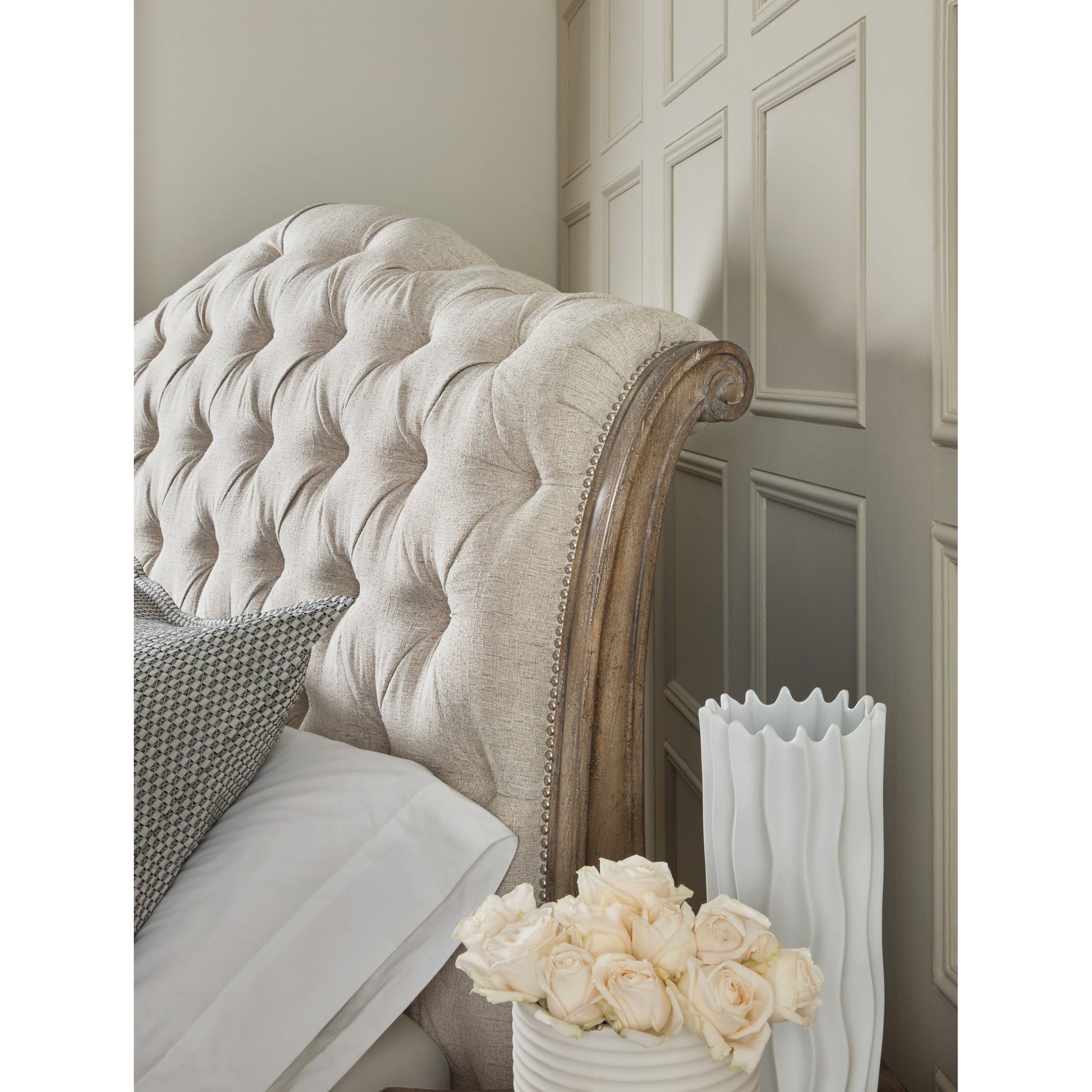 Castella Tufted Bed by Hooker Furniture in beige and antique slate, natural tan. Made from pecan veneers, fabric in a traditional style.
