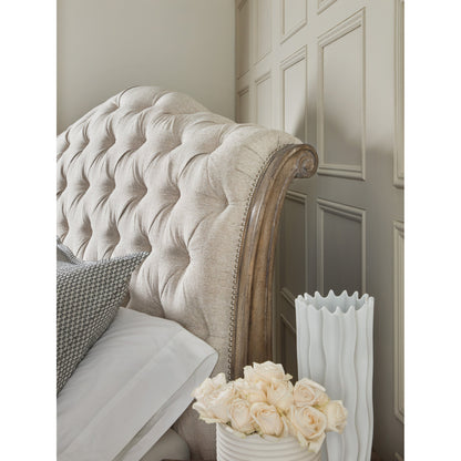 Castella Tufted Bed by Hooker Furniture in beige and antique slate, natural tan. Made from pecan veneers, fabric in a traditional style.