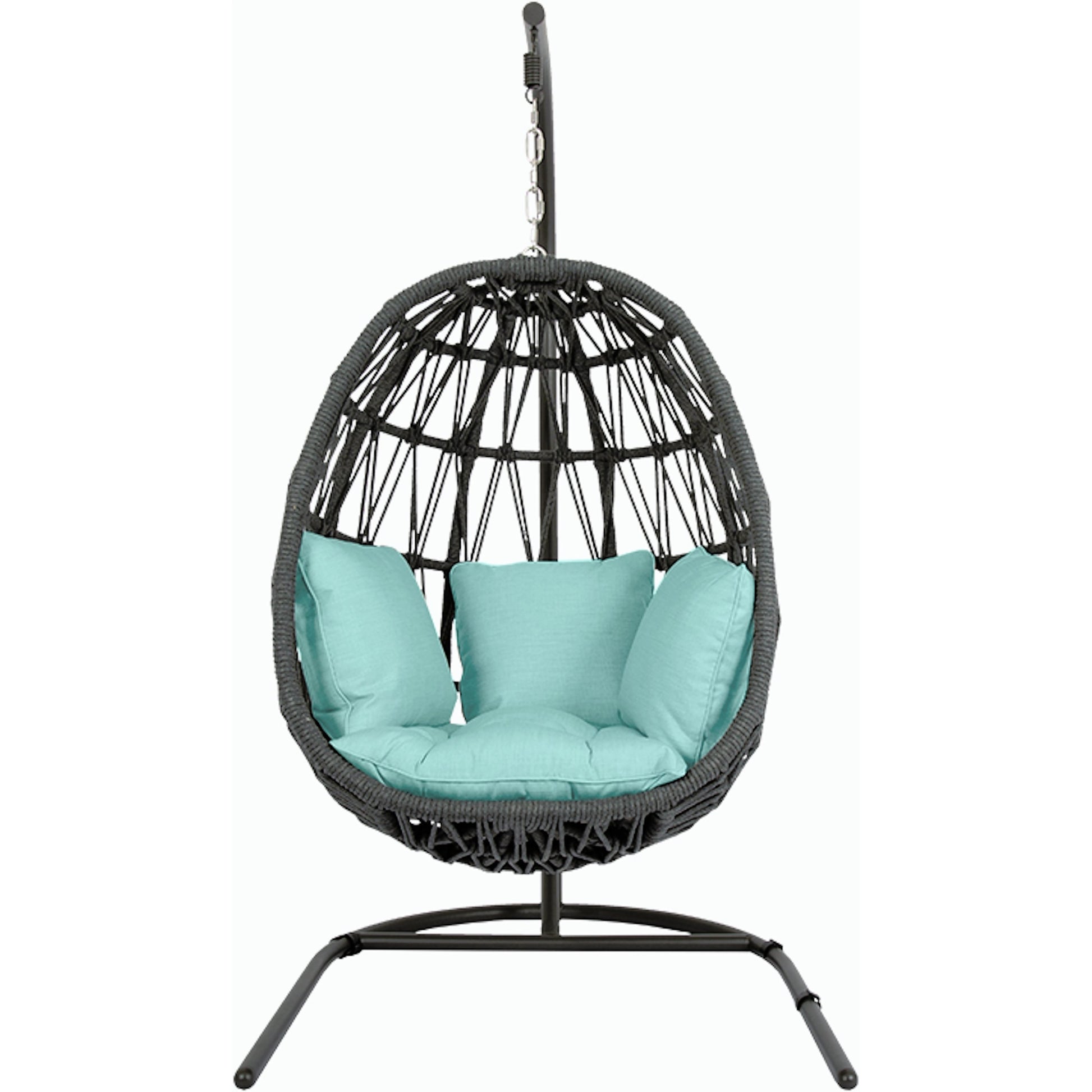Milano Outdoor Hanging Chair by Sunset West in slate. Made from olefin rope in a coastal style.