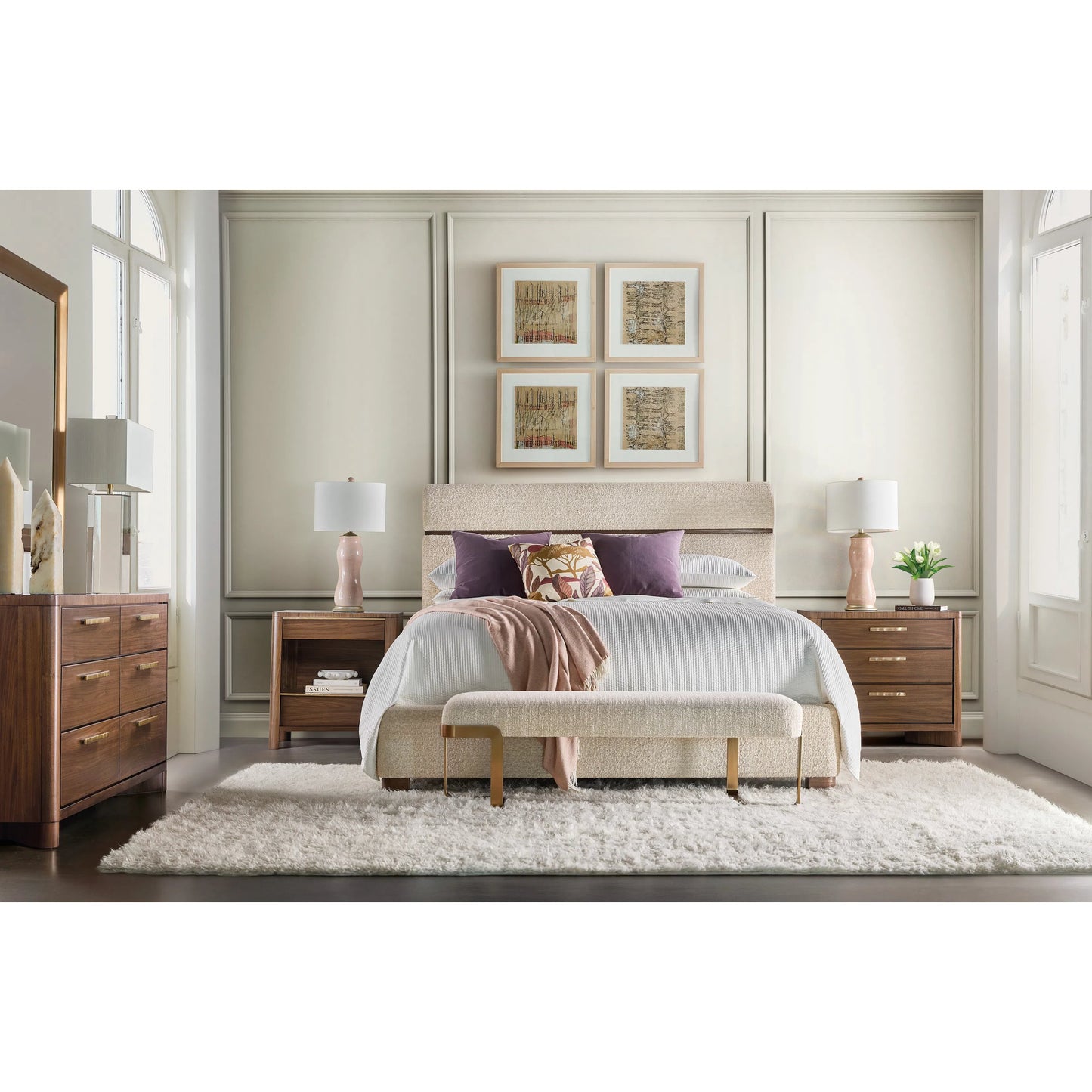 004 SI-2458582 | Lifestyle | Eleana Dresser by Hooker Furniture in light caramel, quartered walnut veneers, sunlit bronze metal. Made from walnut veneers in a traditional style.