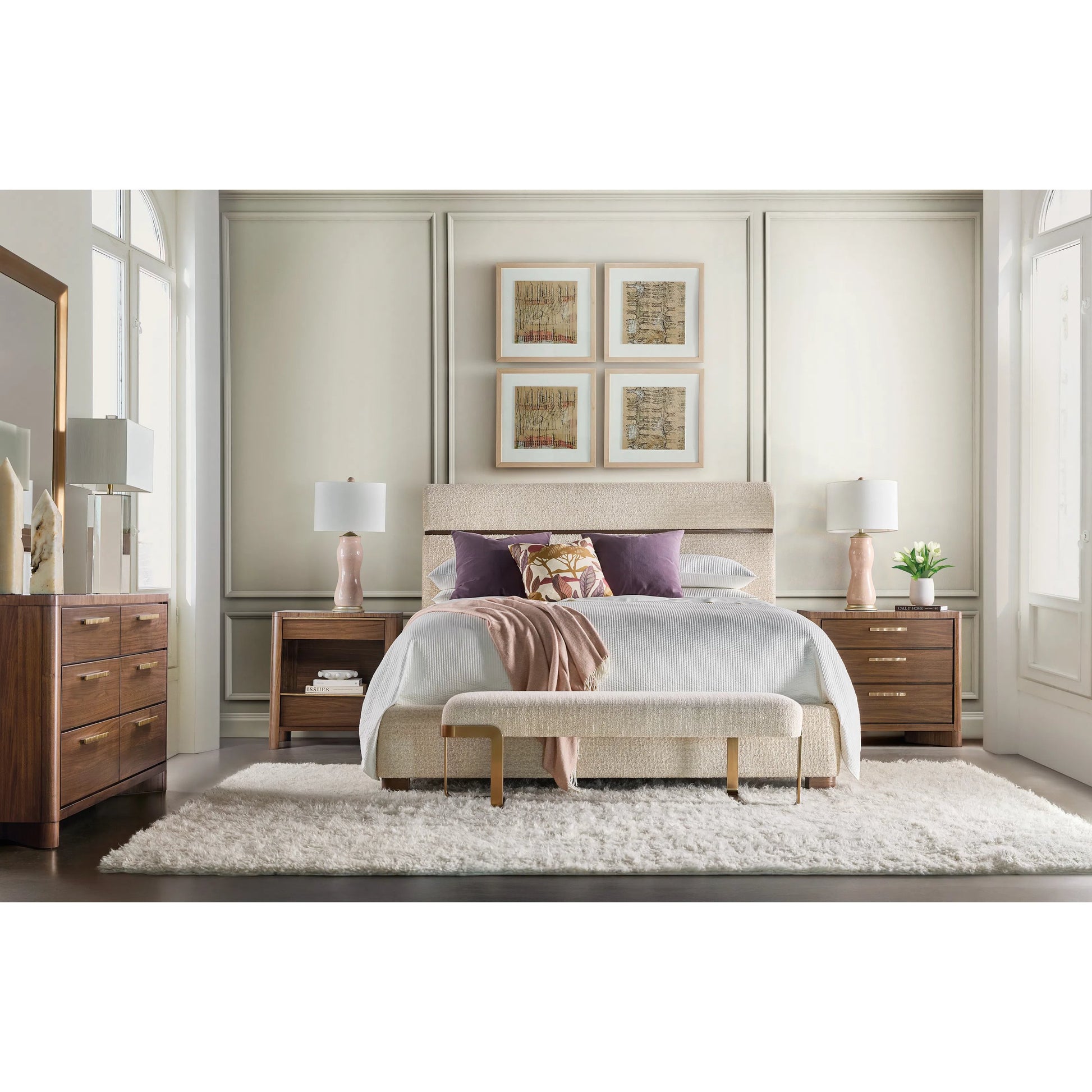 Eleana Dresser by Hooker Furniture in light caramel, quartered walnut veneers, sunlit bronze metal. Made from walnut veneers in a traditional style.