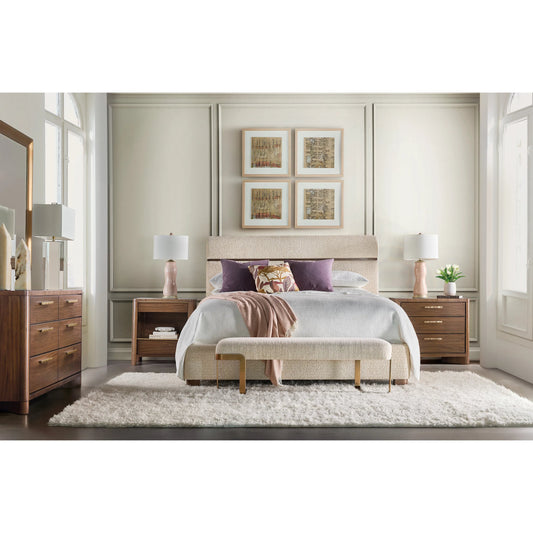Eleana Two Drawer Nightstand by Hooker Furniture in light caramel, quartered walnut veneers, sunlit bronze metal. Made from walnut veneers in a modern style.