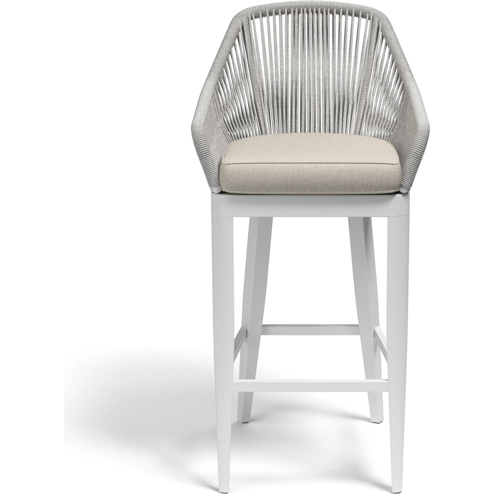 Miami Outdoor Barstool by Sunset West in frost. Made from olefin rope in a coastal style.