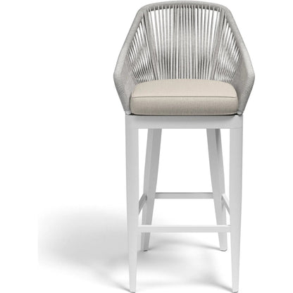Miami Outdoor Barstool by Sunset West in frost. Made from olefin rope in a coastal style.