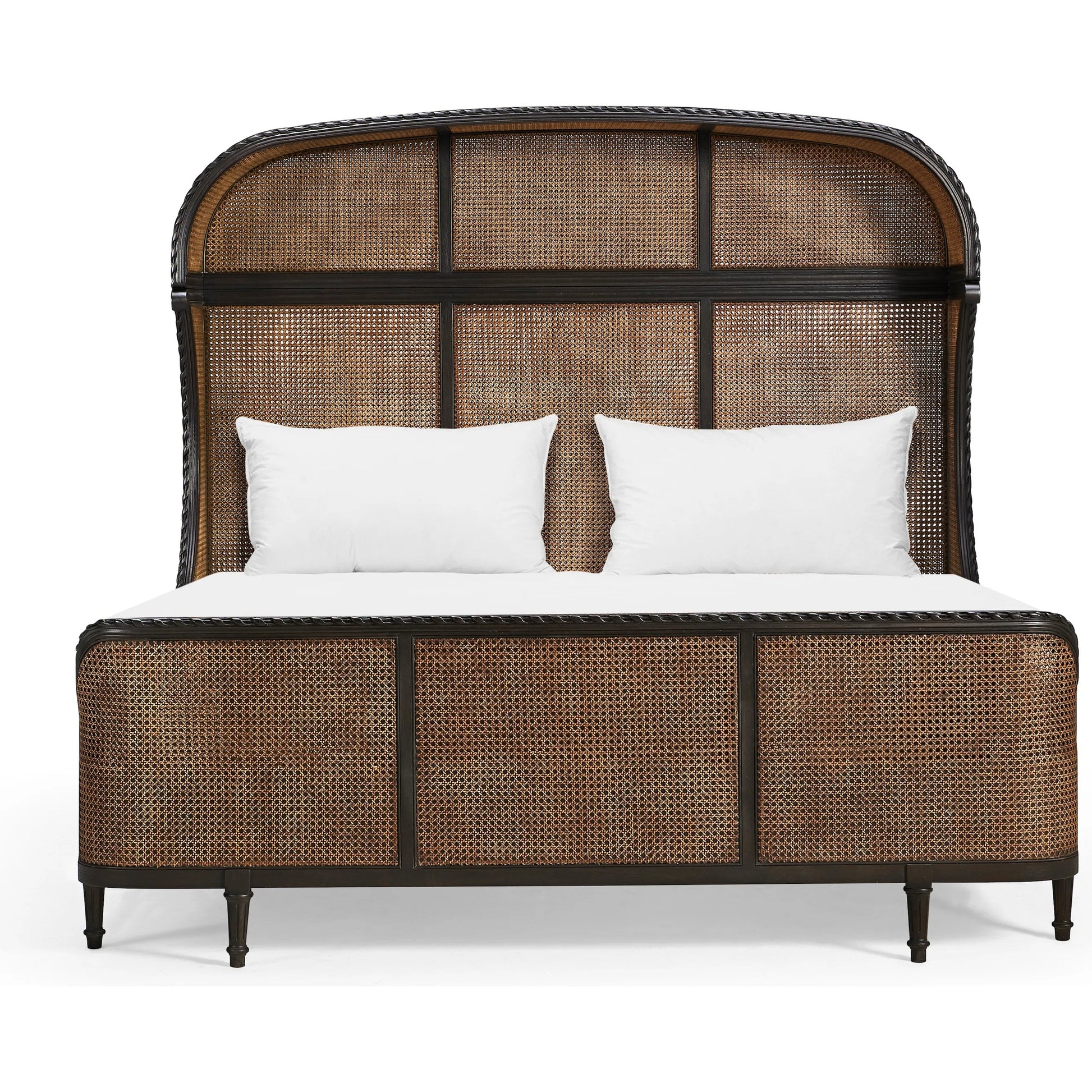 Tangiers Shelter Bed by Jonathan Charles in brown, black and ebonized oak. Made from oak solids, natural cane, flat-cut oak veneers in a rustic style.