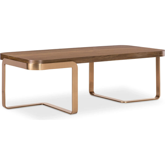 Eleana Cocktail Table by Hooker Furniture in light caramel, sunlit bronze metal. Made from walnut veneers, metal in a modern style.
