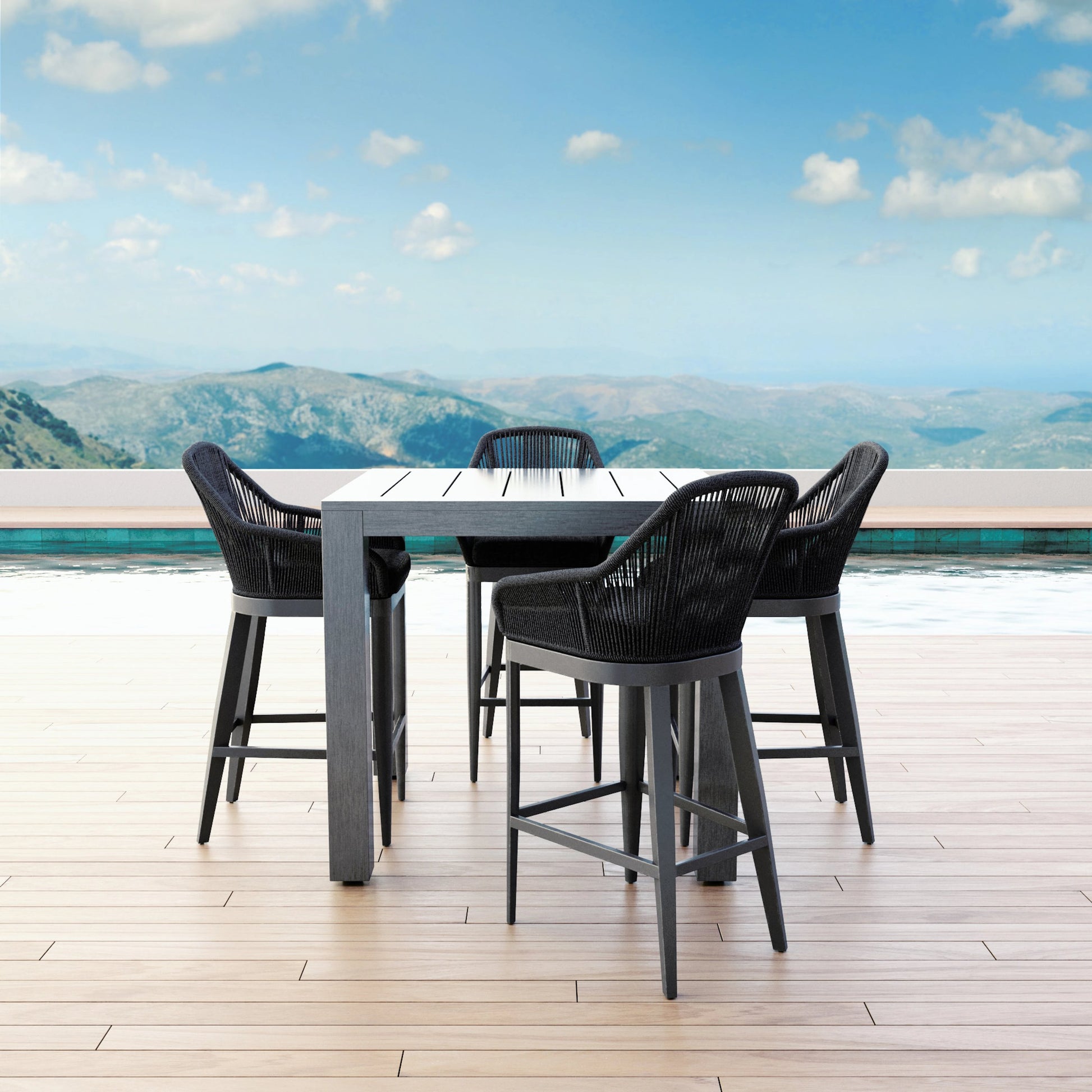 Milano Outdoor Barstool by Sunset West in slate. Made from olefin rope in a coastal style.