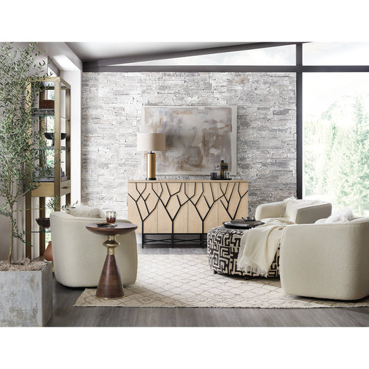 Melange Branched Four Door Entertainment Credenza by Hooker Furniture in light wood. Made from maple veneers with resin, metal in a modern style.